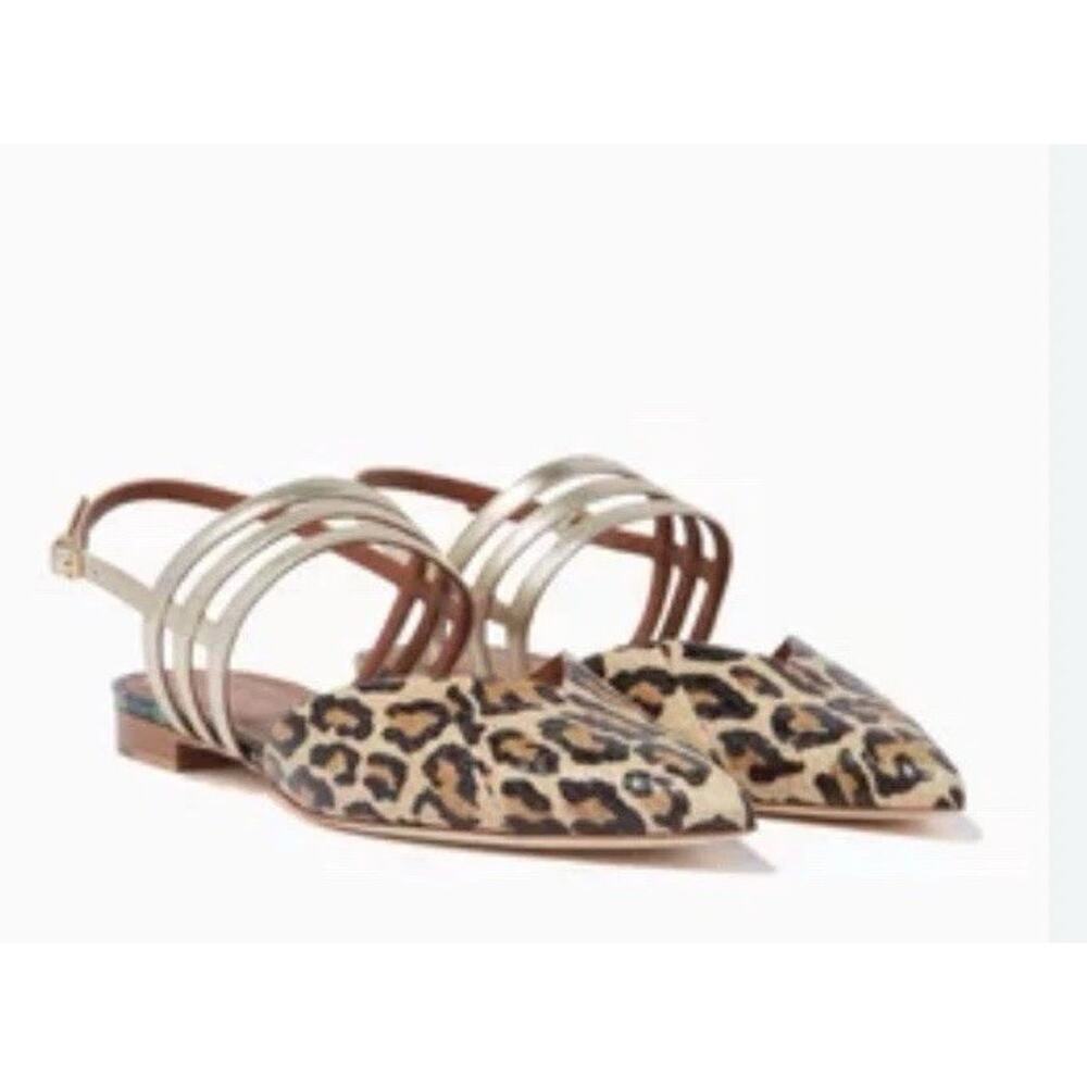 Malone Souliers Leopard Pointed Toe Slingback Flats with Metallic Straps